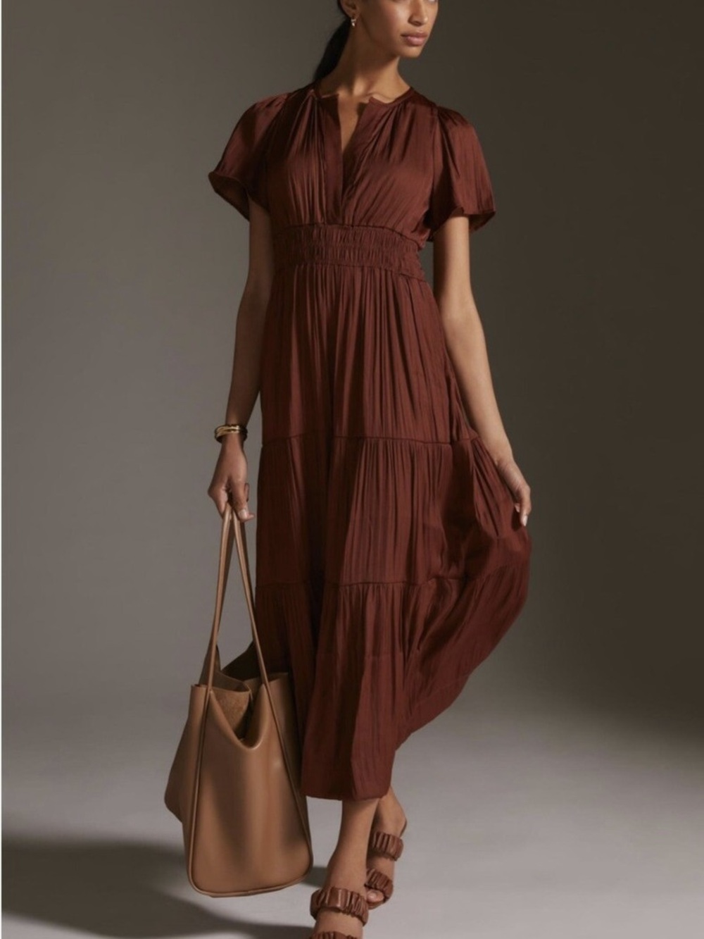 By Anthropologie Somerset Brown Satin Maxi Dress Medium